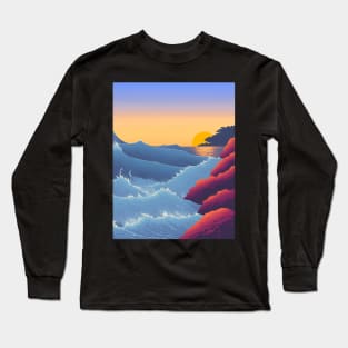 Ukiyo-e Japanese Art - Waves Crashing Against a Rocky Coast at Sunset Long Sleeve T-Shirt